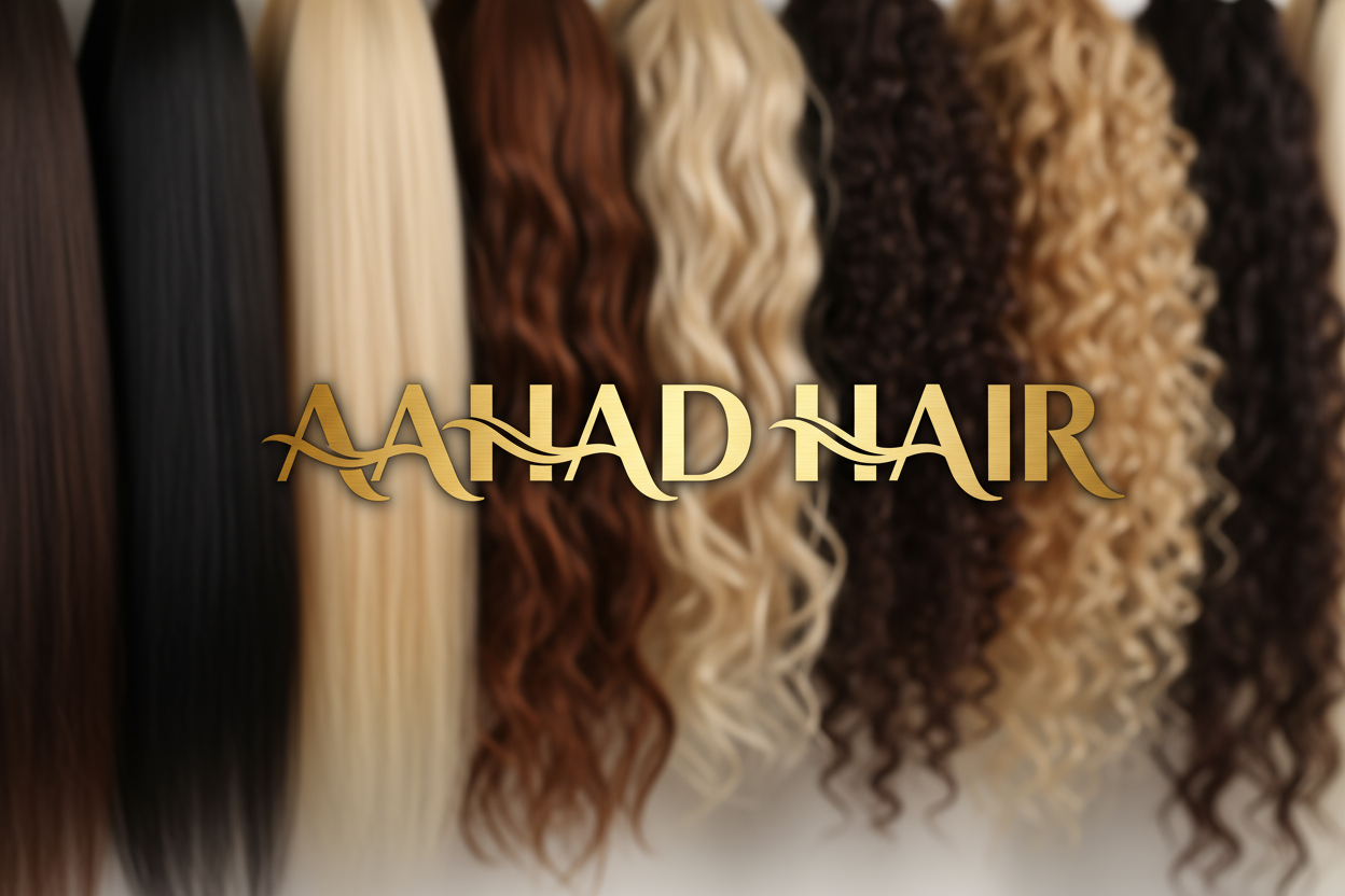 just hair bundles visible on the back and Aahad Hair logo is focused big and bold